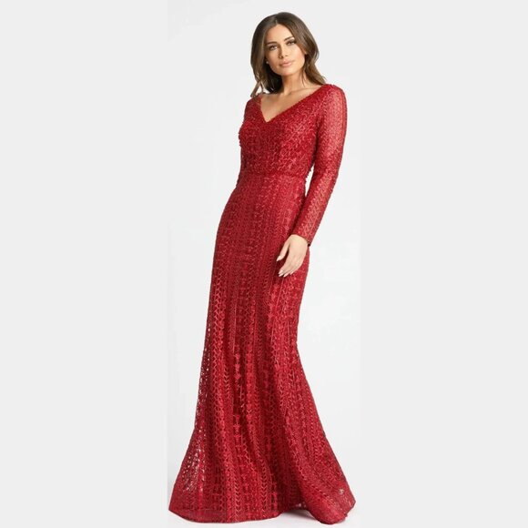 $598 Mac Duggal 20271 Size 18 Red Floral V-Neck Long Sleeve Maxi Gown Dress - Picture 2 of 4
